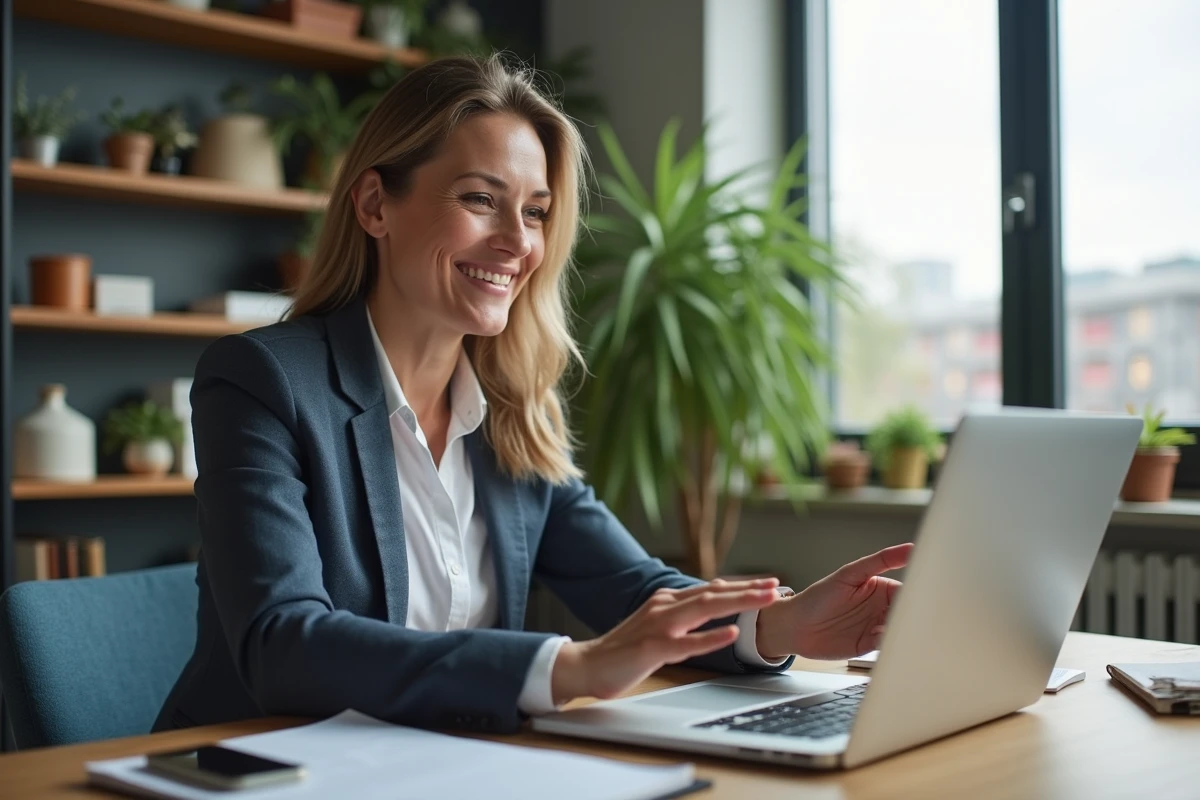 Femme confiante en formation en ligne dans un bureau moderne