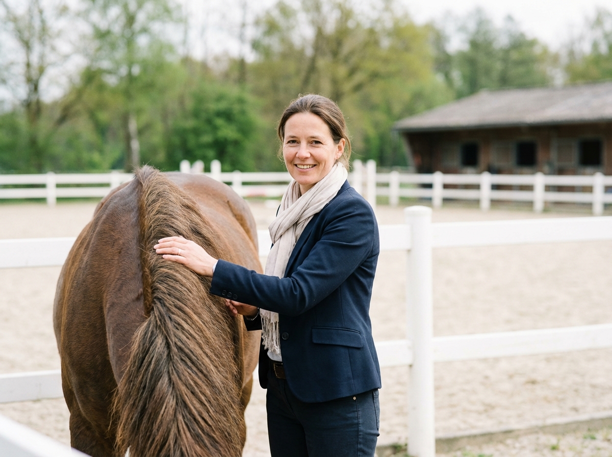 Femme souriante avec un cheval dans une carrière extérieure