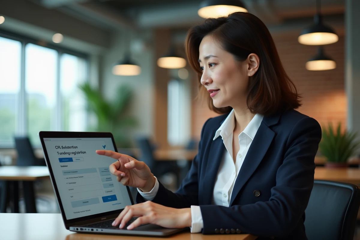 Femme en blazer consultant le site de financement CPF sur un ordinateur portable dans un espace de coworking
