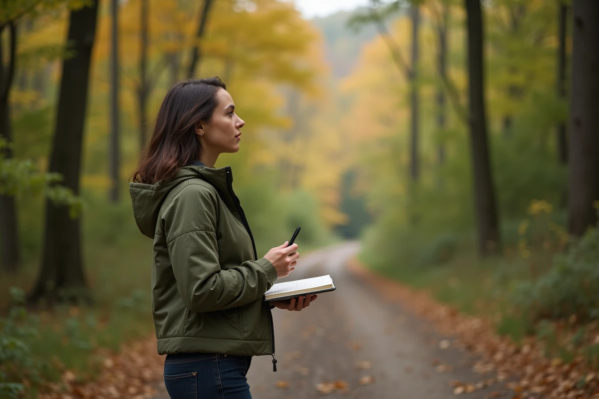 Jeune femme écrivant dans un journal en pleine nature sur un sentier forestier pour développement personnel et clarté intérieure
