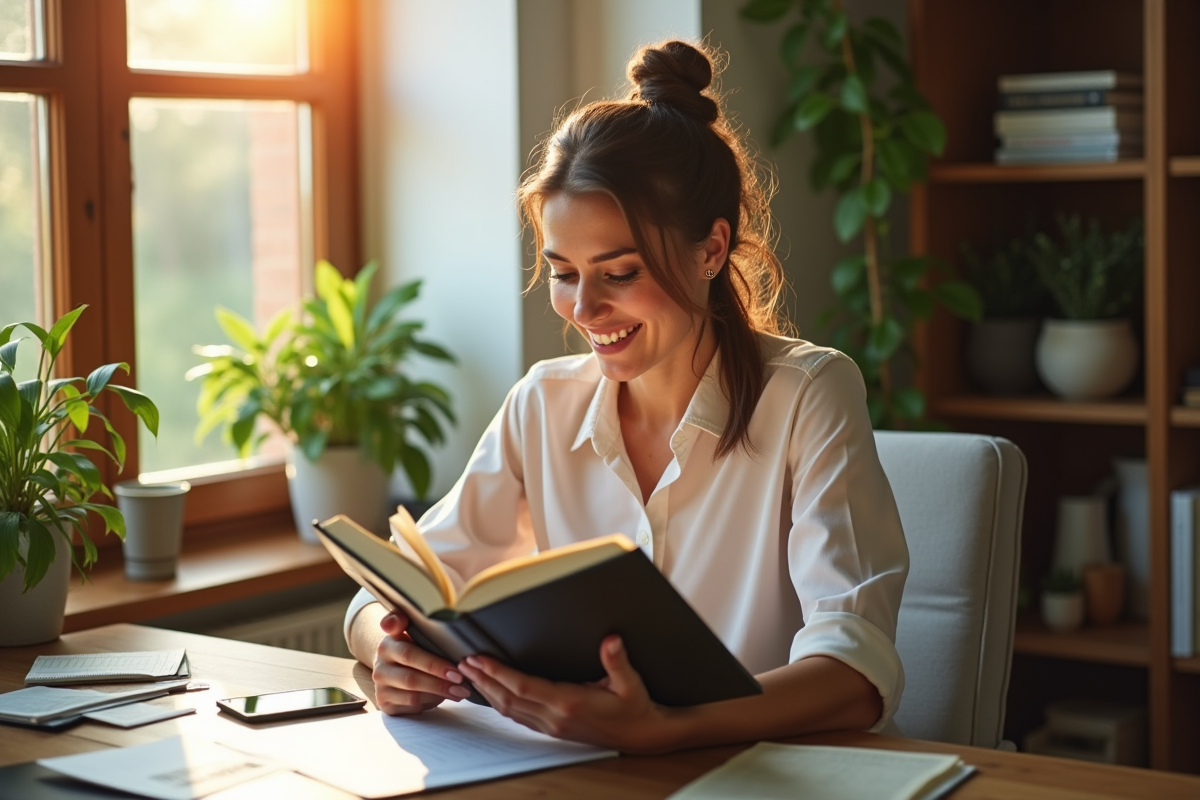 Femme confiante lisant un livre sur la croissance professionnelle