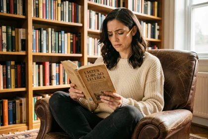 Femme lisant un roman en espagnol dans une bibliothèque chaleureuse pour apprendre le subjonctif imparfait