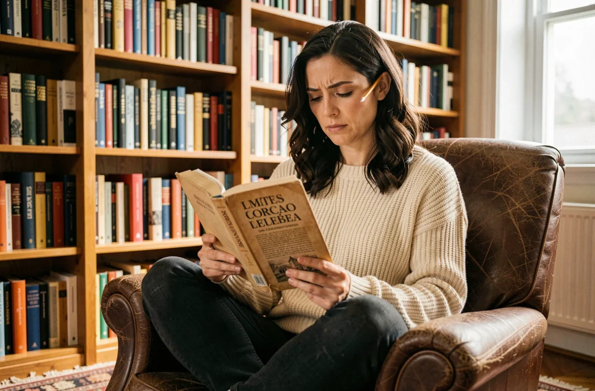 Femme lisant un roman en espagnol dans une bibliothèque chaleureuse pour apprendre le subjonctif imparfait
