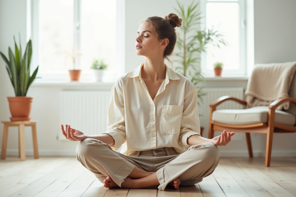 Femme pratiquant la méditation assise sur un plancher en bois dans un intérieur minimaliste pour retrouver clarté et motivation