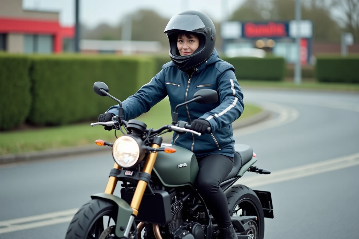 Femme à moto 125cc au carrefour suburban illustrant la conduite avec le permis B