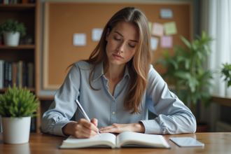 Jeune femme écrivant ses objectifs dans un bureau moderne