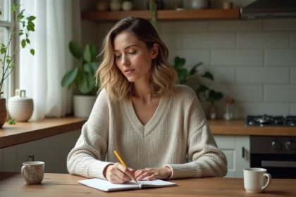 Femme planifiant sa journ&eacute;e dans la cuisine moderne