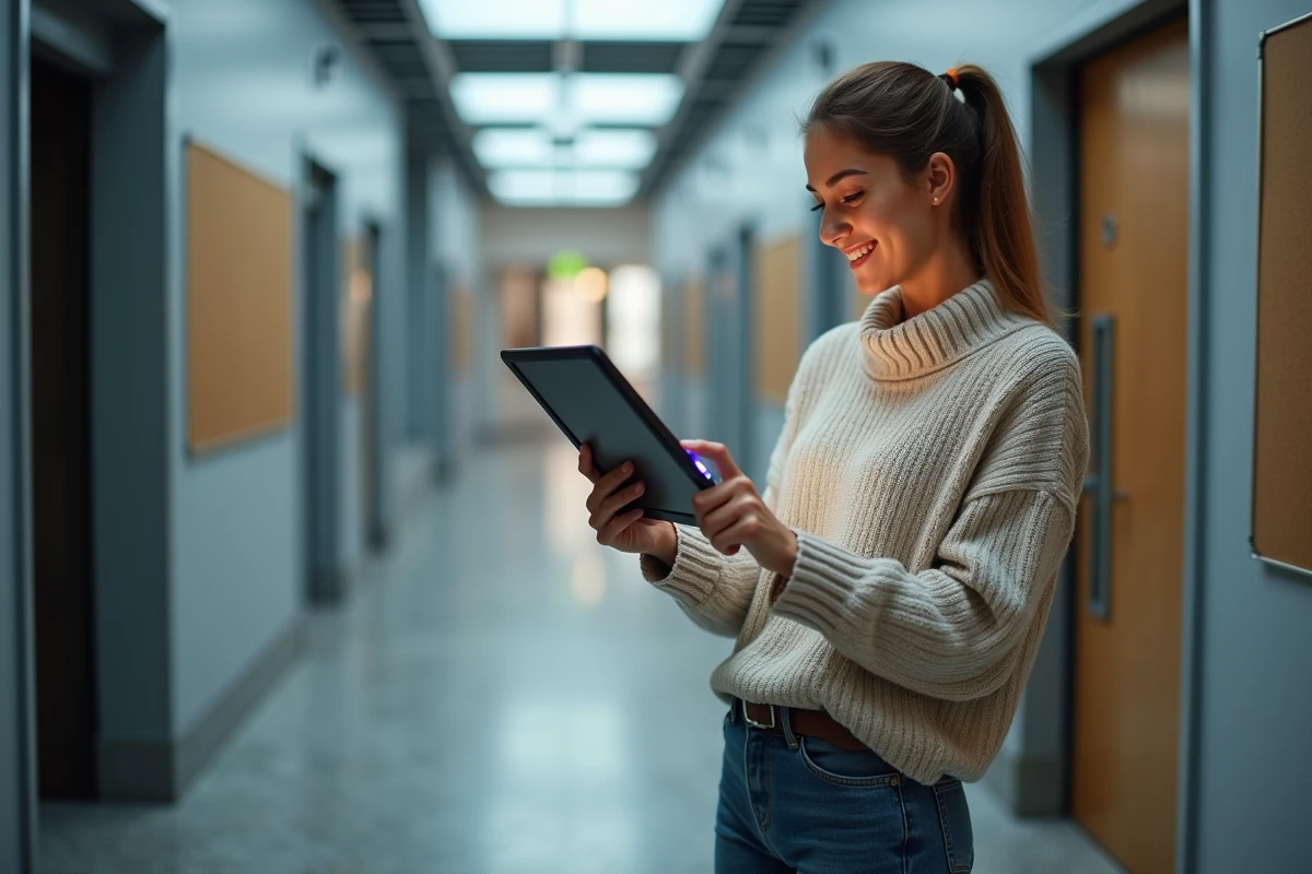 Jeune femme organisant des fichiers num&eacute;riques dans un couloir moderne