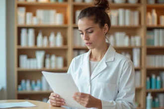 Jeune femme en blouse blanche étudiant une notice produit derrière un comptoir de parapharmacie, illustrant la reconversion professionnelle sans expérience commerciale