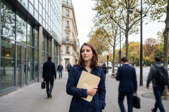 Femme en trench sur une rue parisienne moderne