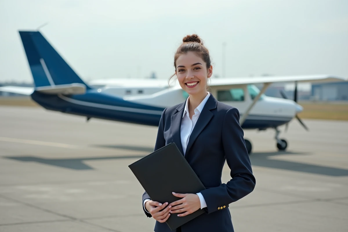 Jeune femme pilote debout &agrave; c&ocirc;t&eacute; d&rsquo;un avion sur le tarmac