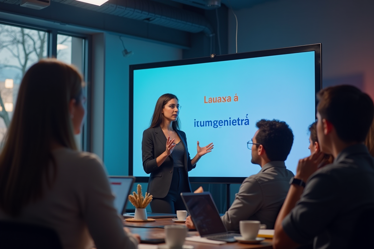 Jeune femme confiante donnant une présentation bilingue en entreprise