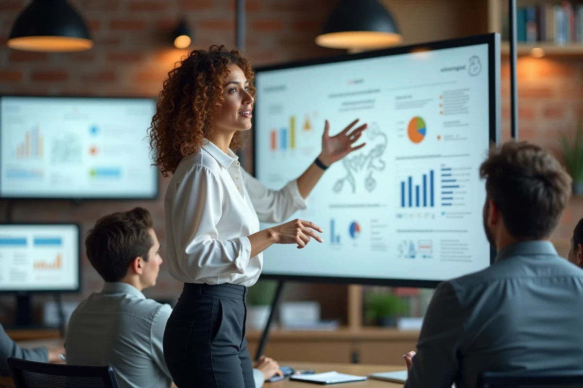 Femme en blouse blanche expliquant un tableau digital