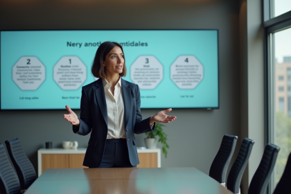 Femme en blazer lors d'une présentation professionnelle