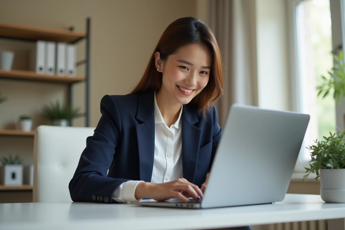 Femme professionnelle créant son compte Addviseo sur un ordinateur portable dans un bureau moderne à domicile