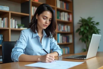 Femme concentrée remplissant un questionnaire de test de QI en français à son bureau à domicile