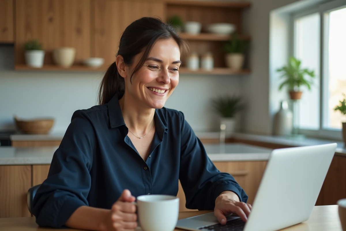 Femme en reconversion professionnelle explorant le métier d'assistante digitale depuis sa cuisine avec un ordinateur portable et une tasse de café