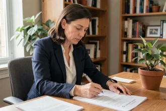Femme en reconversion professionnelle remplissant un test d'orientation de carrière à son bureau à domicile