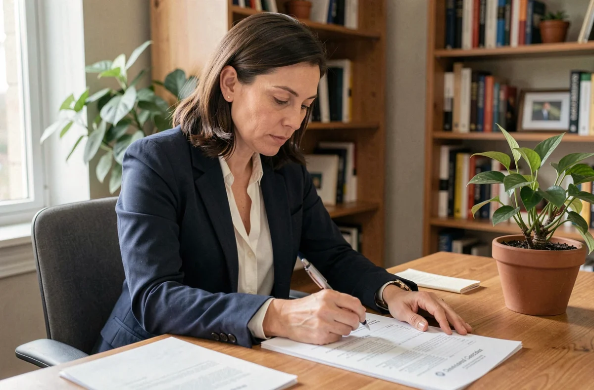Femme en reconversion professionnelle remplissant un test d'orientation de carrière à son bureau à domicile