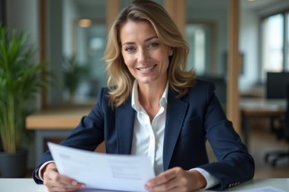 Femme confiante en blazer regardant son CV dans un bureau