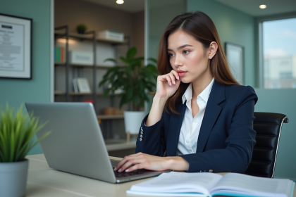 Femme professionnelle en bureau moderne met à jour son CV