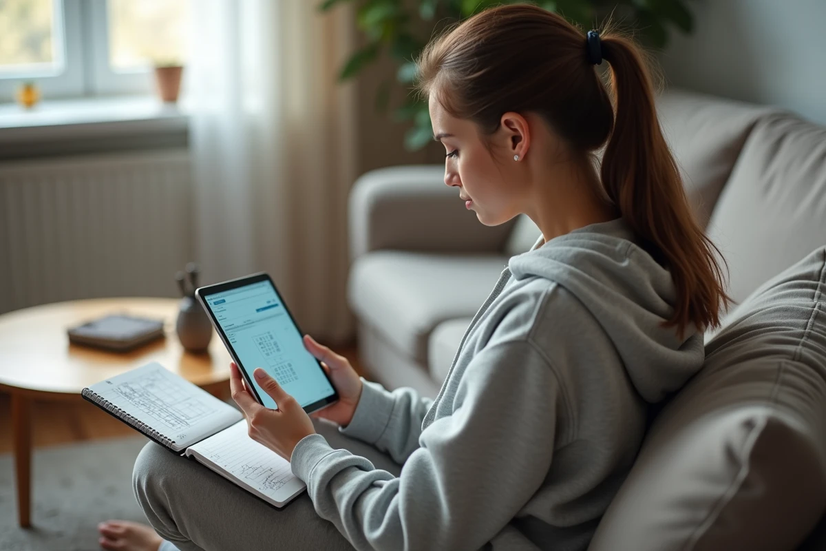 Femme révisant des exercices psychotechniques sur une tablette avec un cahier de notes manuscrites lors d'une session d'entraînement à domicile