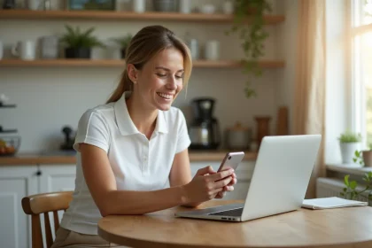 Femme en polo golf v&eacute;rifiant son smartphone &agrave; la maison