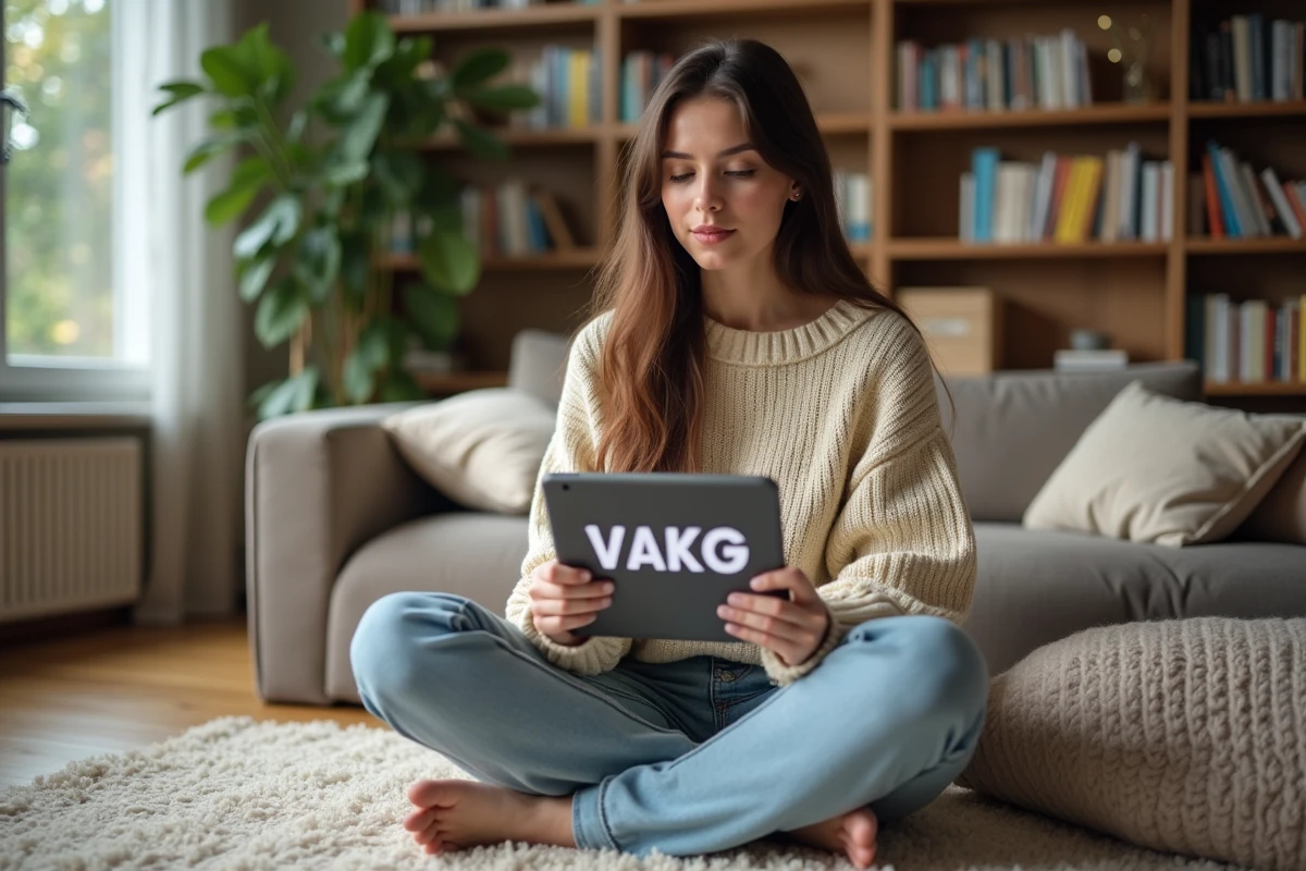 Jeune femme avec tablette affichant VAKOG dans un salon cosy