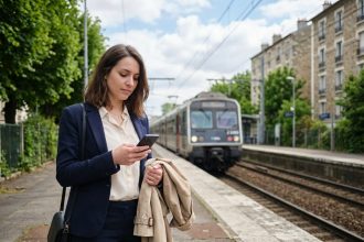 Jeune femme en trench beige sur quai de train parisien