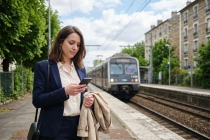 Jeune femme en trench beige sur quai de train parisien