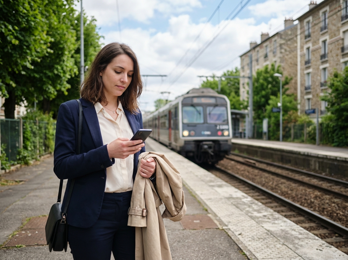 Jeune femme en trench beige sur quai de train parisien