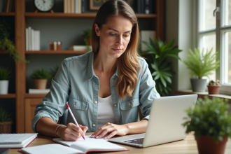 Femme concentrée dans son bureau moderne et lumineux