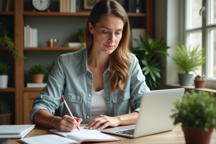 Femme concentrée dans son bureau moderne et lumineux