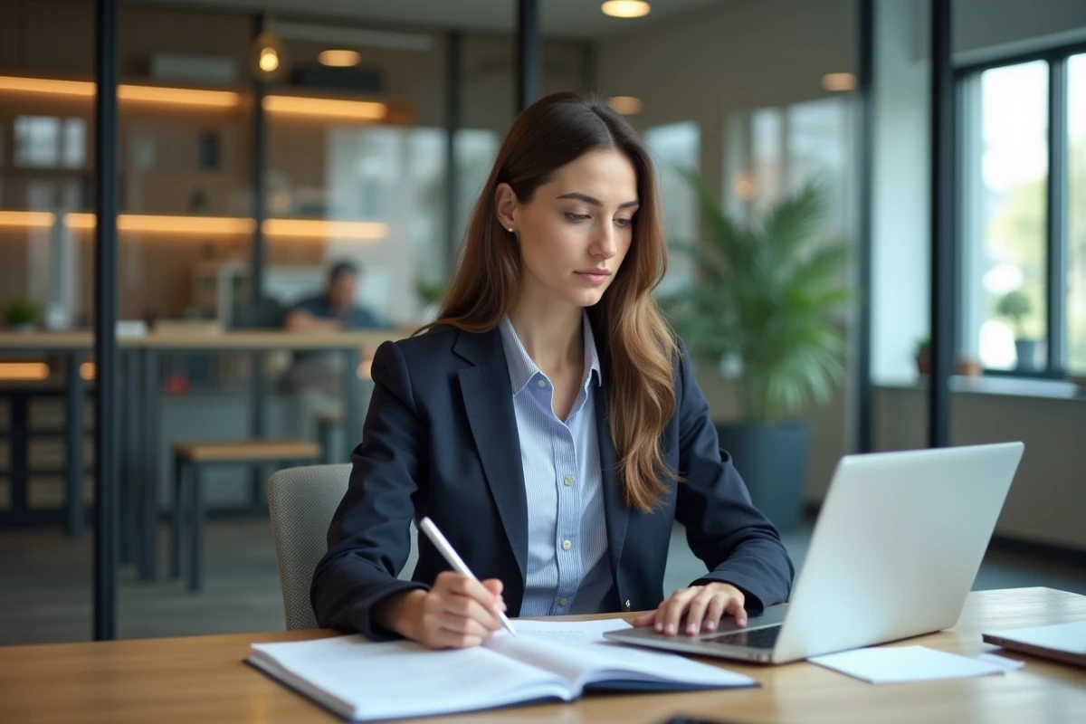 Femme en tenue professionnelle travaillant à un bureau moderne