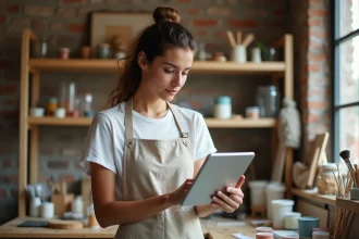 Femme suivant un tutoriel DIY sur tablette dans un atelier artisanal maison avec outils et matériaux créatifs
