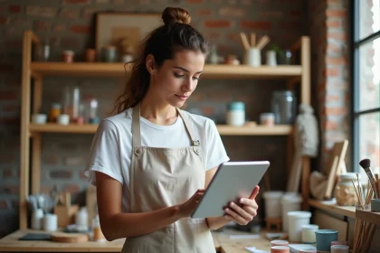 Femme suivant un tutoriel DIY sur tablette dans un atelier artisanal maison avec outils et matériaux créatifs