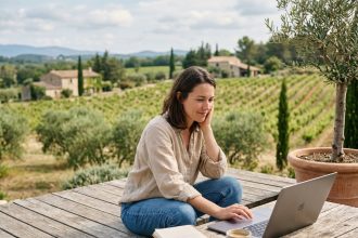 Femme assise sur terrasse avec ordinateur dans la campagne varoise
