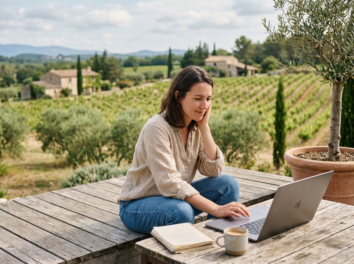 Femme assise sur terrasse avec ordinateur dans la campagne varoise
