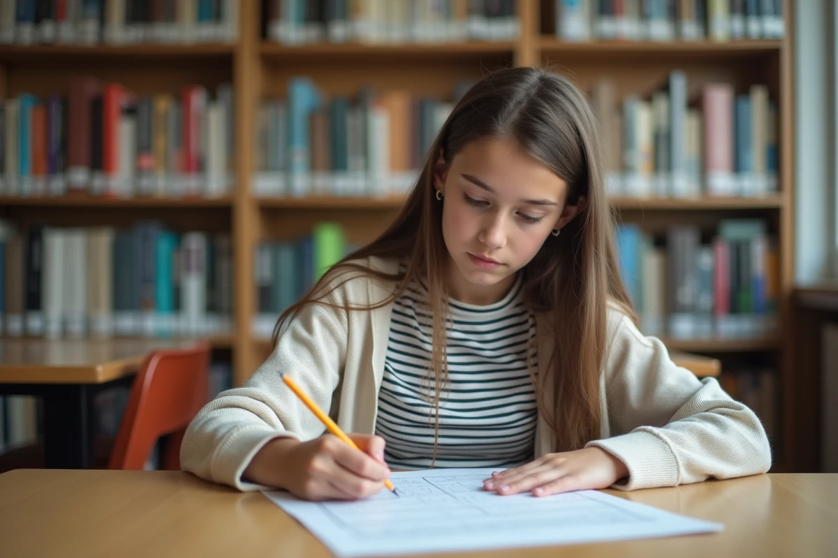 Jeune fille en train de remplir un test IQ en bibliothèque