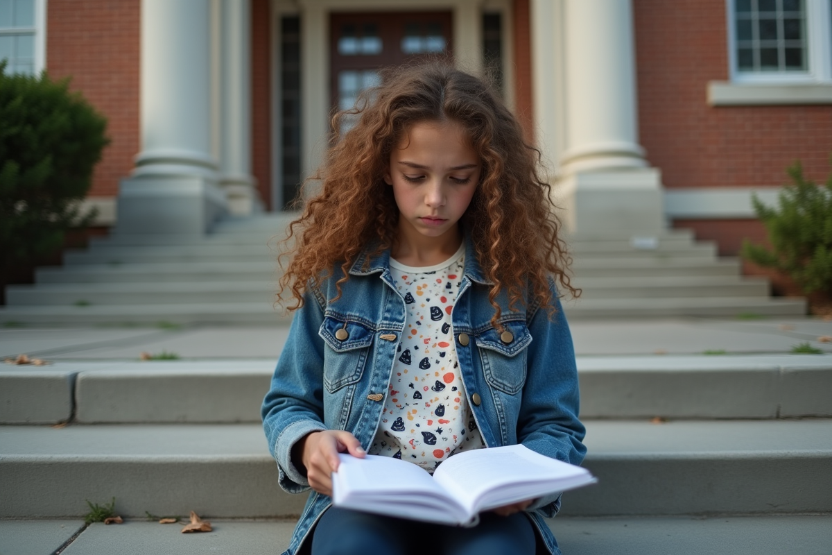 Fille stressée en révision sur les escaliers extérieurs