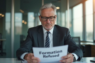 Fonctionnaire sérieux dans un bureau moderne examine un document formation refusee