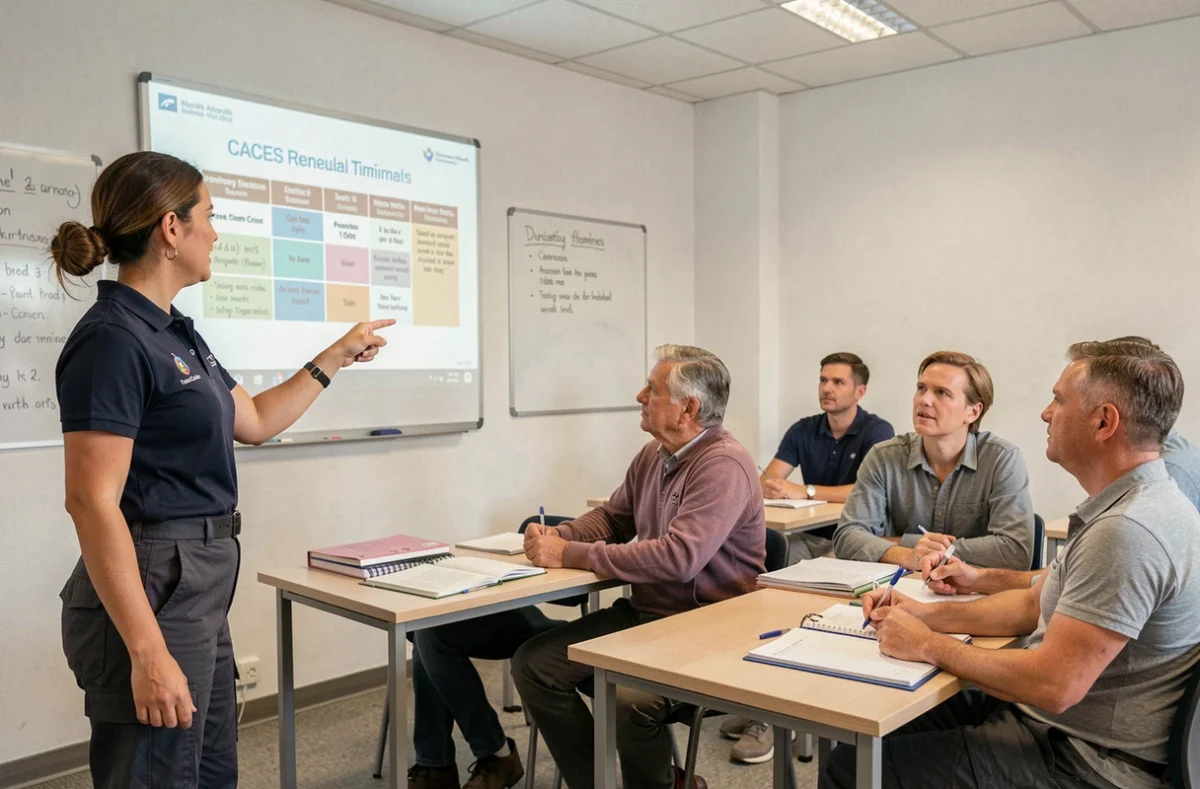 Formatrice CACES animant une session de recyclage et mise à niveau en salle de formation pour des caristes adultes