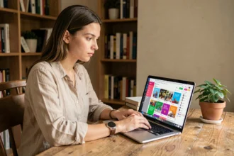 Freelance femme travaillant sur Canva depuis son bureau à domicile pour créer des designs professionnels