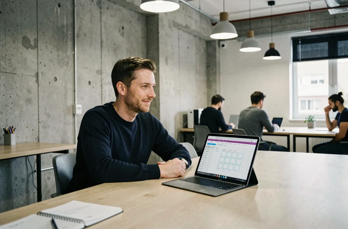 Freelance homme suivant une formation Canva gratuite dans un espace de coworking moderne