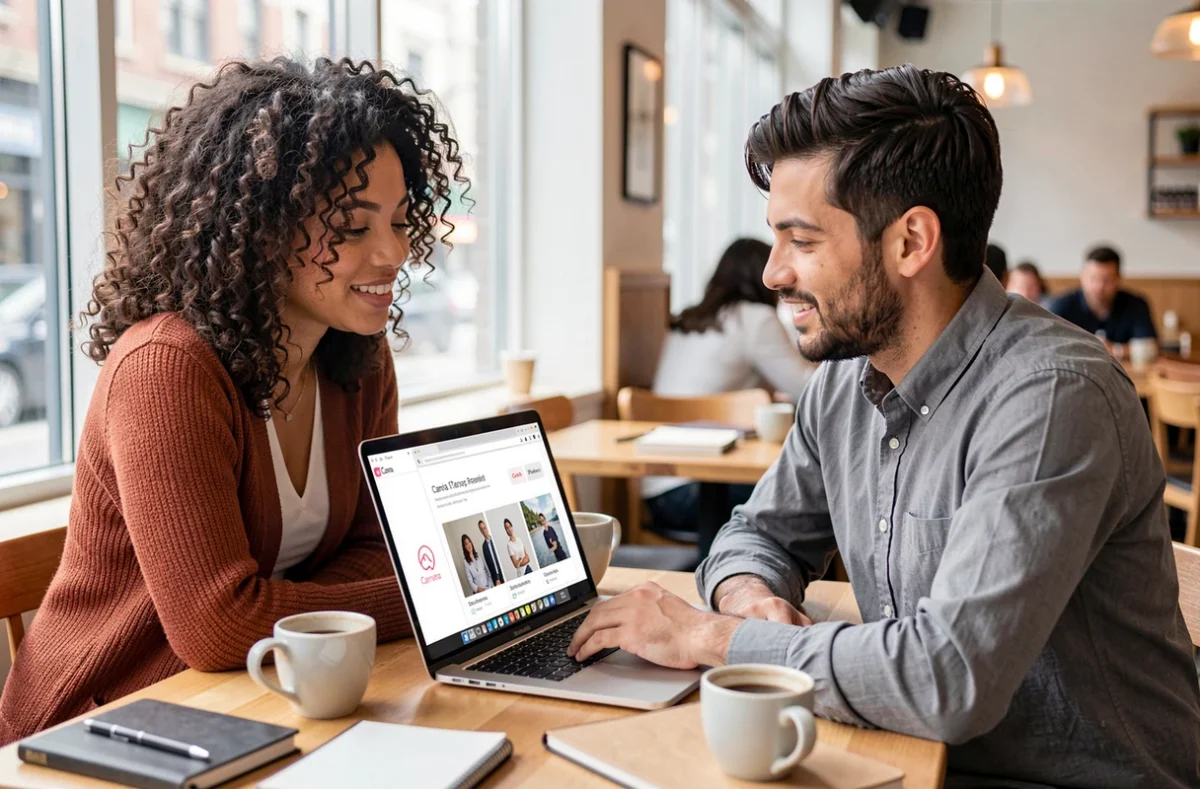 Deux freelances collaborant sur une présentation Canva dans un café pour se démarquer professionnellement