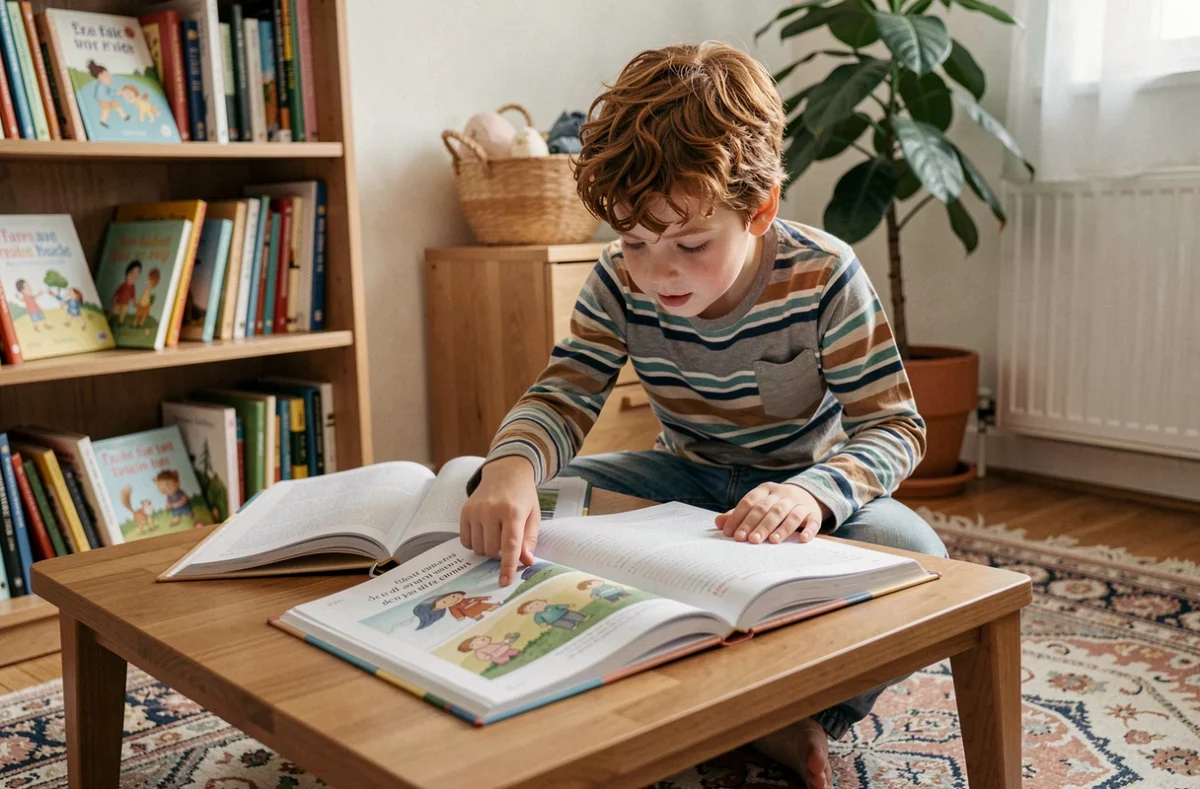 Garçon de CM1 révisant les types de phrases dans son livre de grammaire à la maison, apprentissage de la phrase déclarative et interrogative
