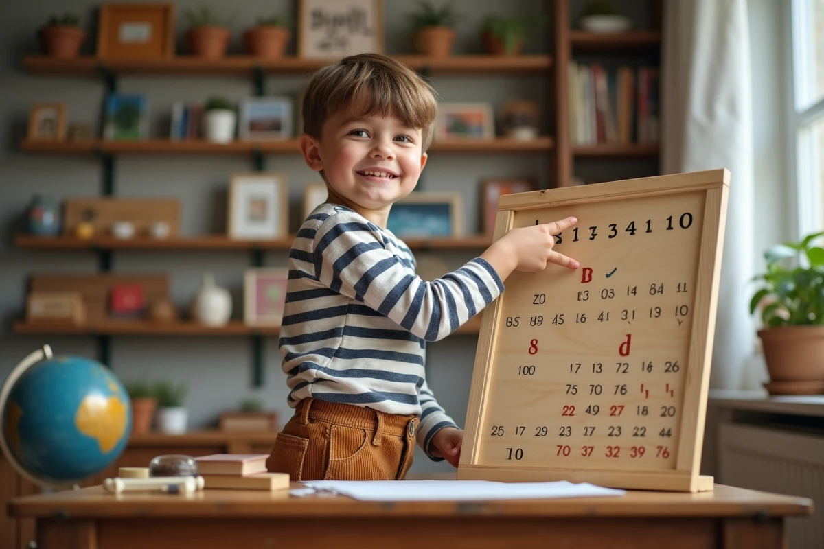 Jeune gar&ccedil;on pointant un tableau de multiplication dans un espace cosy