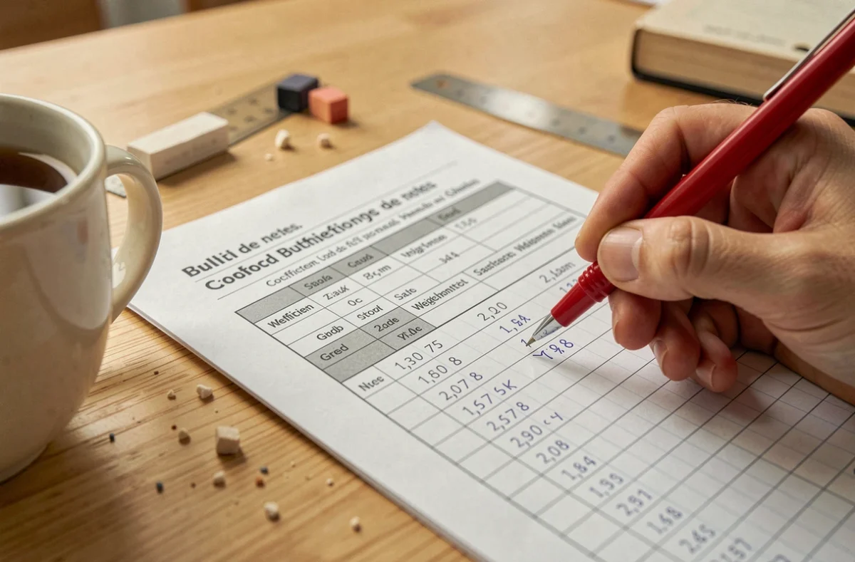 Gros plan sur un bulletin de notes et un tableau de coefficients avec une main annotant les calculs de moyenne au stylo rouge