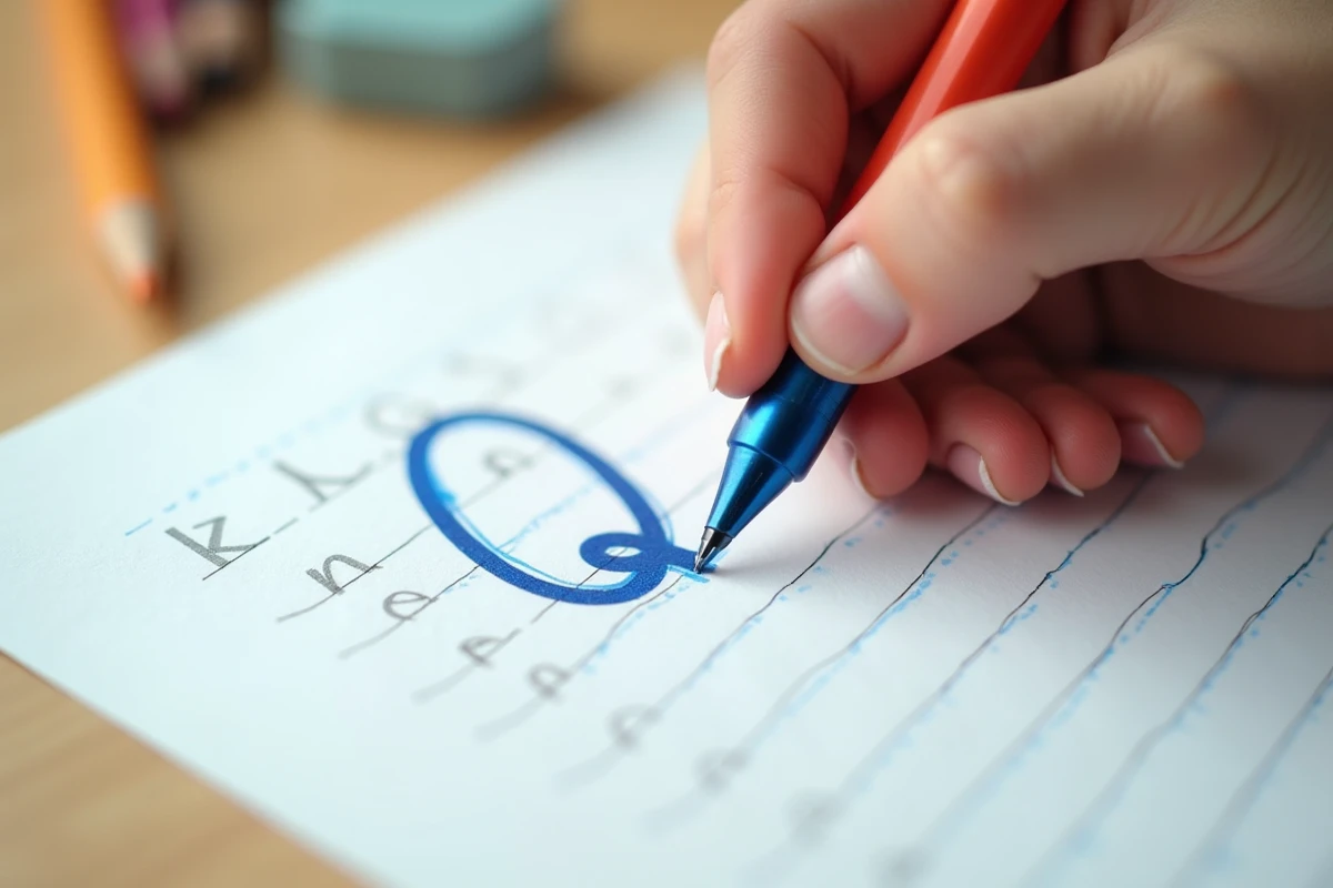 Gros plan d'une main d'enfant écrivant la lettre Q majuscule attachée à l'encre sur une grille d'entraînement imprimée