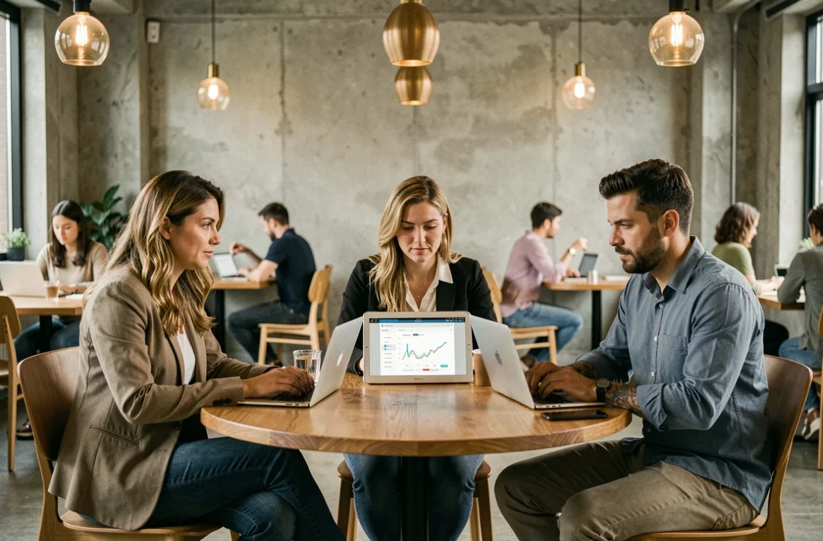 Groupe d'adultes en reconversion réalisant des tests d'orientation professionnelle en ligne dans un espace de coworking